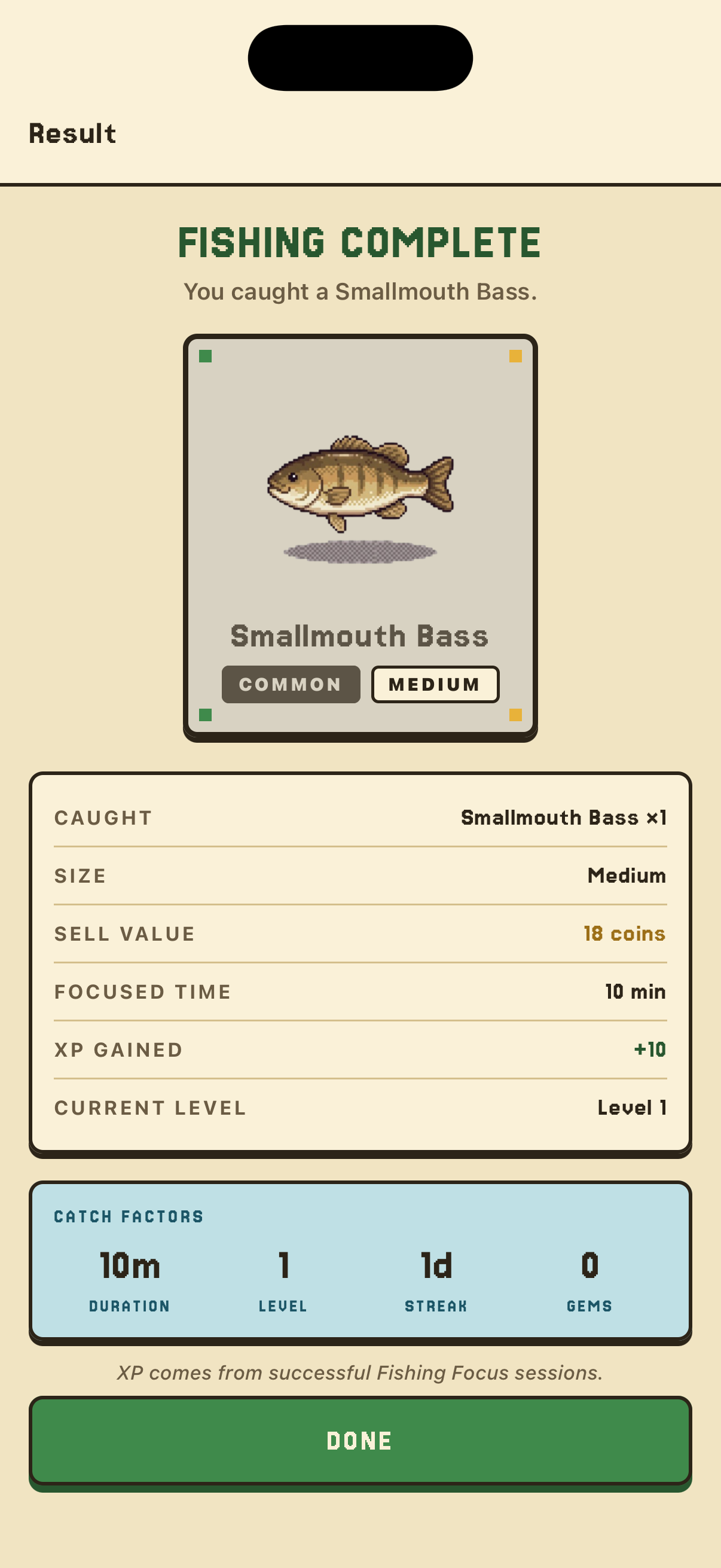 Focus Farm catch reward screen on iPhone