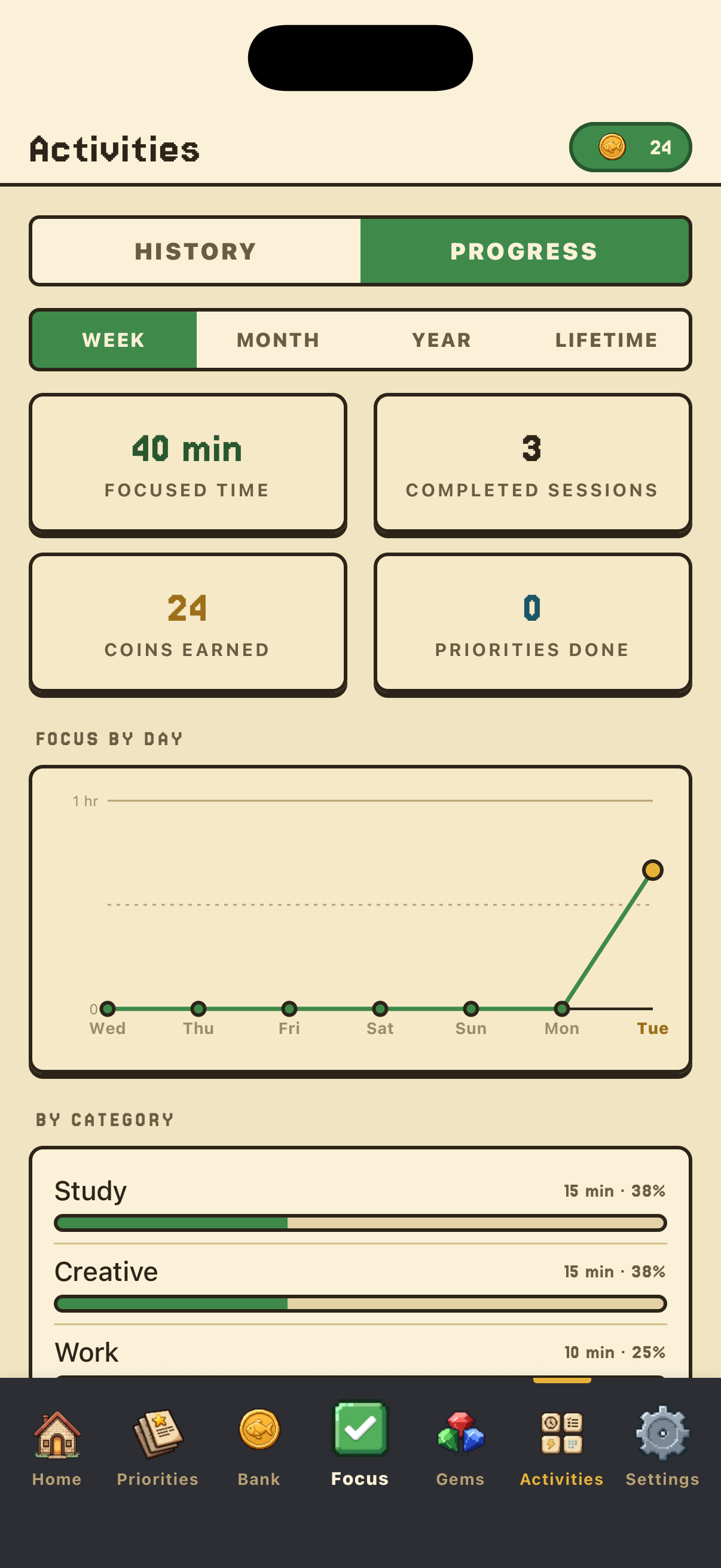 Focus Farm progress and stats screen on iPhone